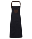 Division waxed-look denim bib apron with faux leather